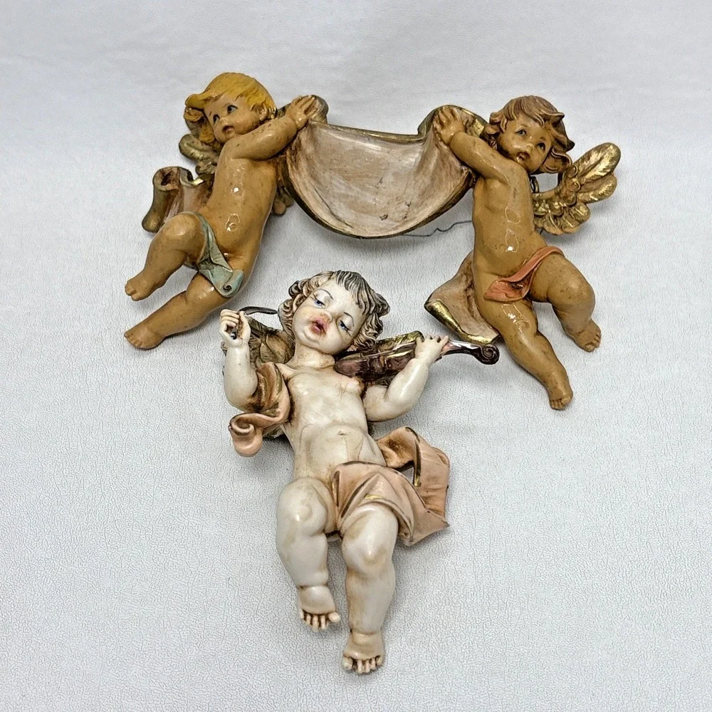 2 Fontanini Cherub Angel Depose Italy Simonetti Vintage Banner Violin Wall Hang